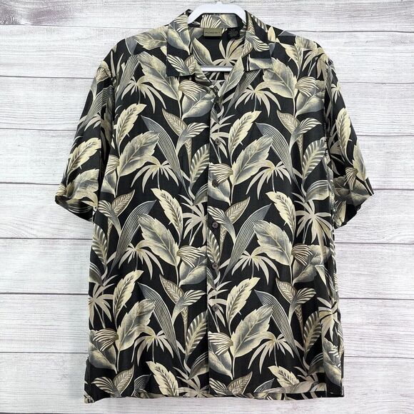 Axist 100% Silk Shirt Mens Size L Green Print Short Sleeve Hawaiian Button‎ Up - Picture 1 of 6